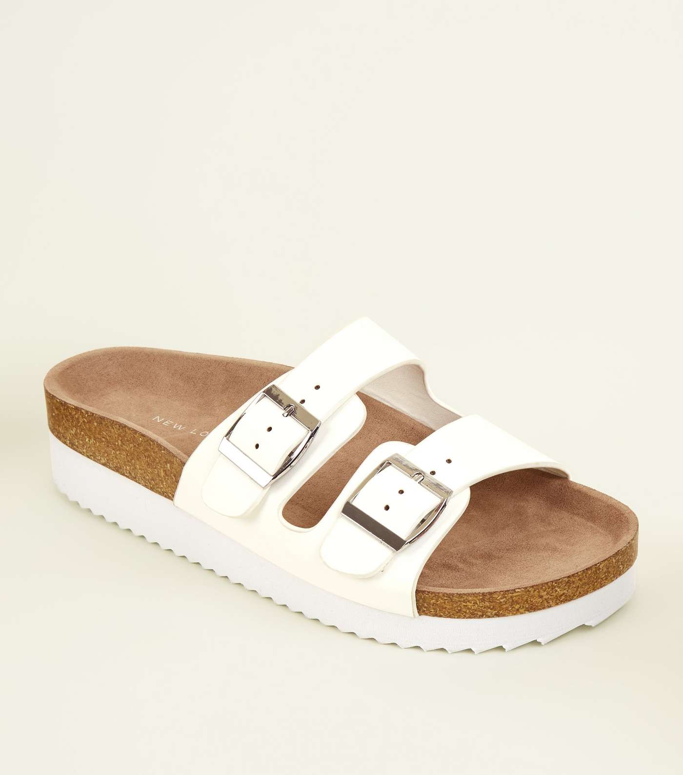 Wide Fit White Leather-Look Footbed Sliders