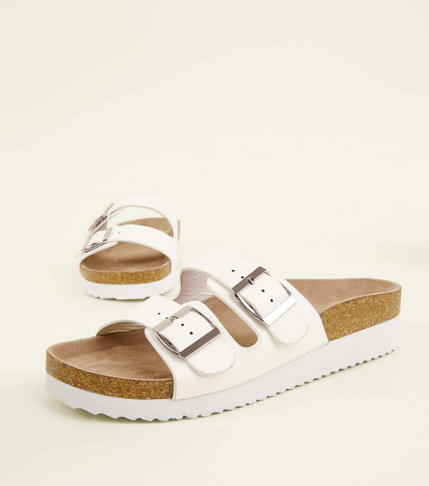 Wide Fit White Leather-Look Footbed Sliders Image 3