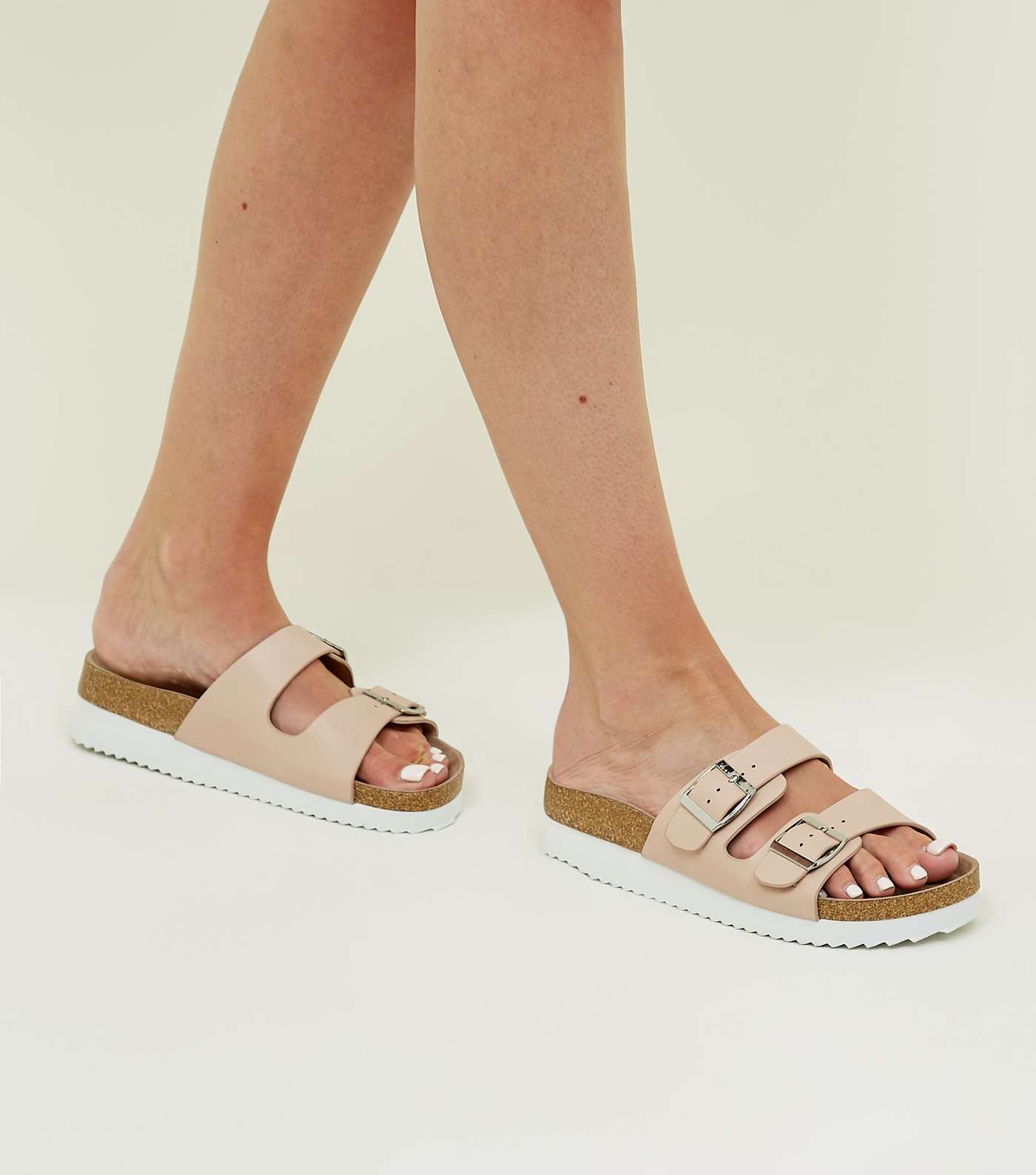 Wide Fit Nude Leather-Look Footbed Sliders Image 2