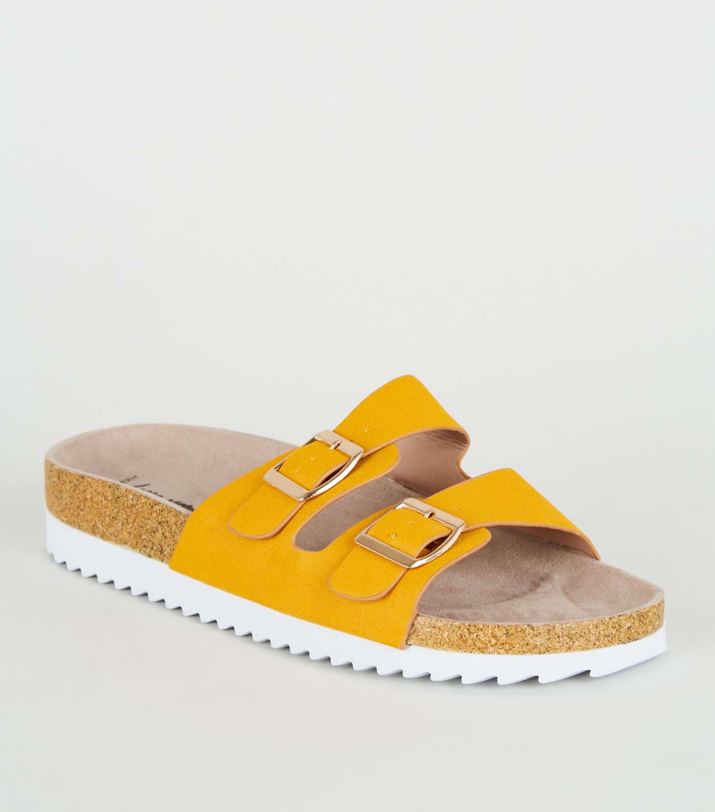 Wide Fit Mustard Leather-Look Footbed Sliders