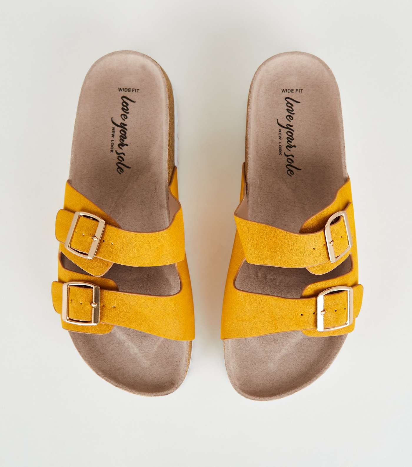 Wide Fit Mustard Leather-Look Footbed Sliders Image 3