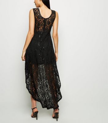 black lace dip hem dress