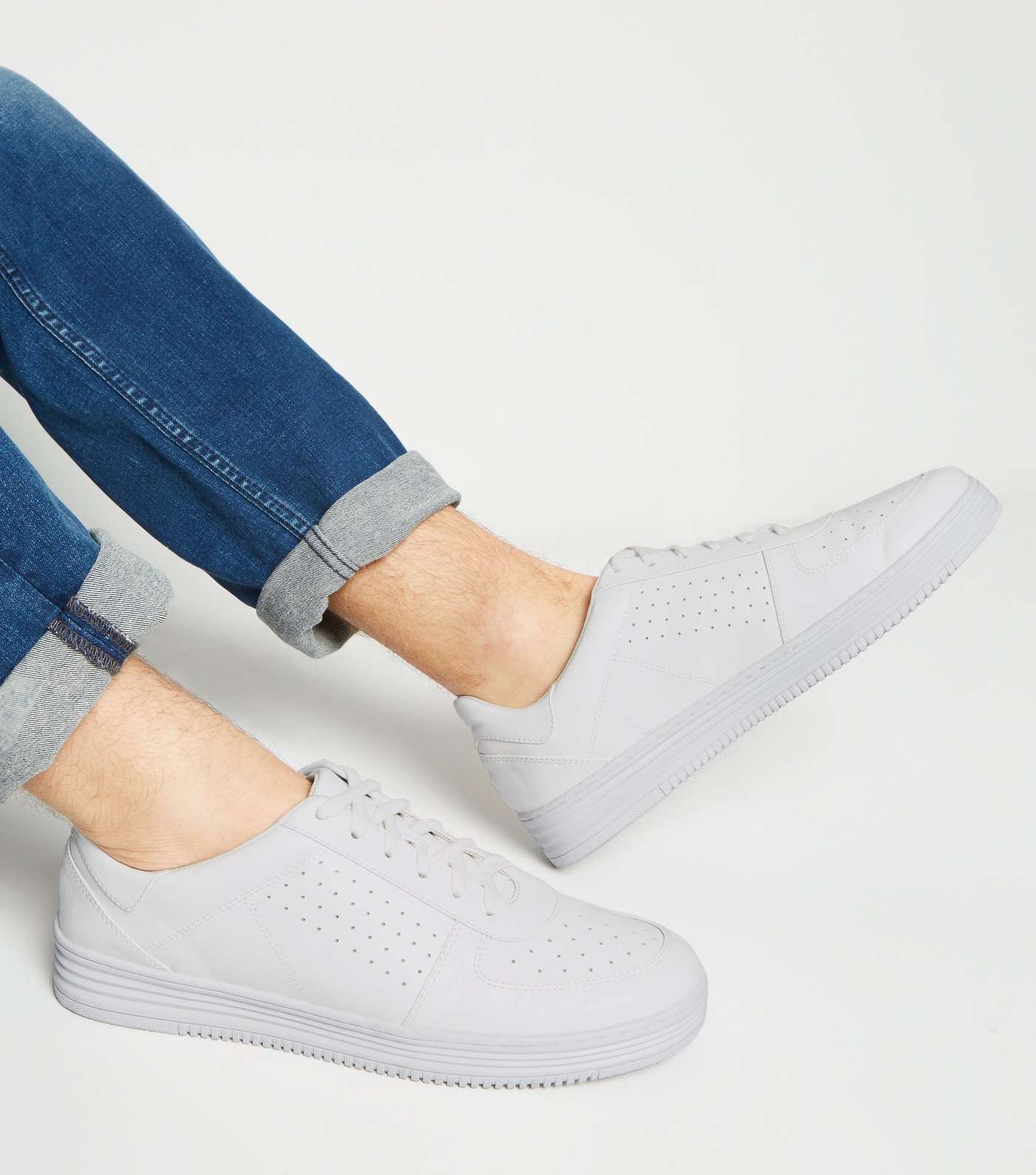 White Leather-Look Perforated Lace-Up Trainers