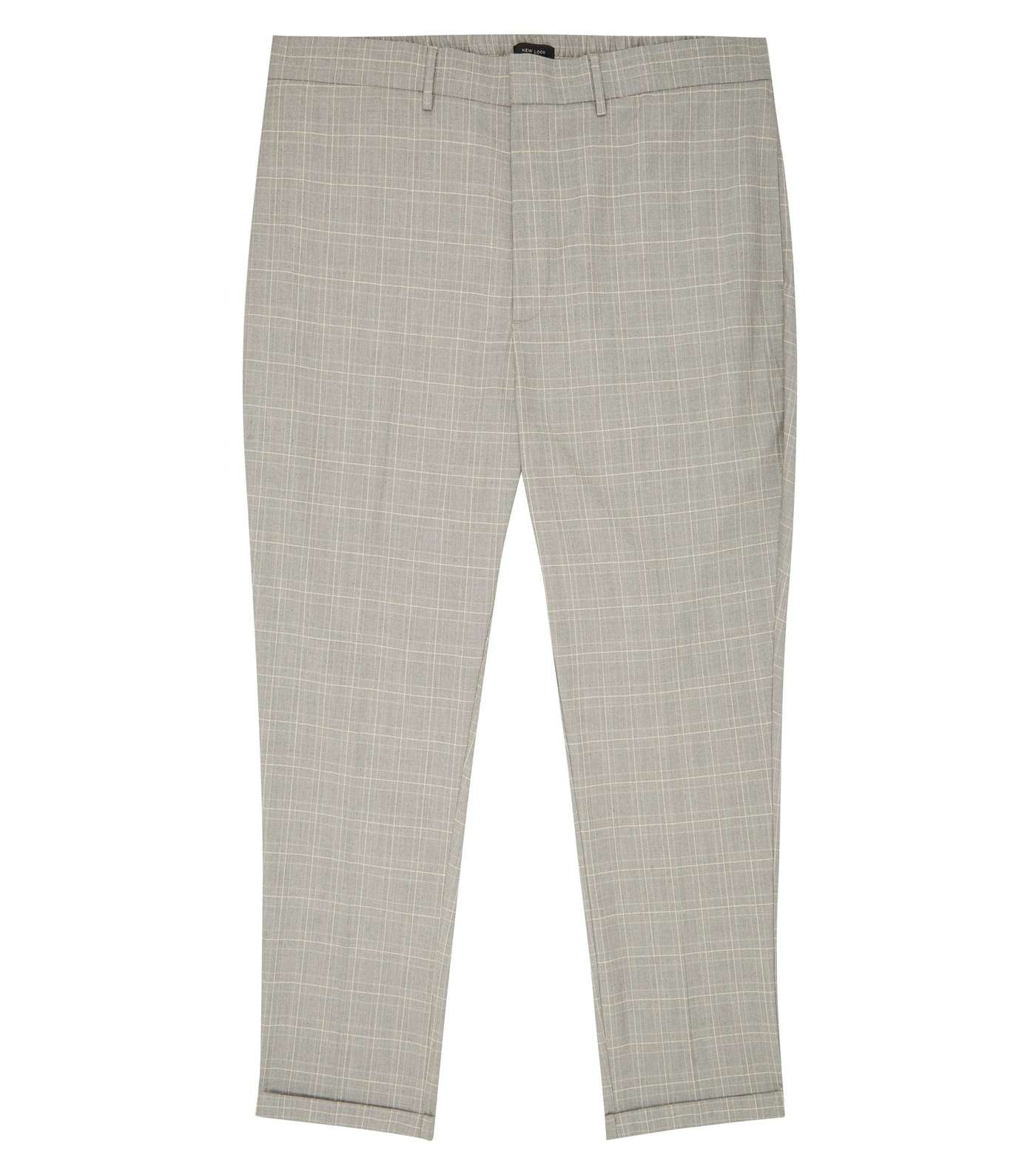 Plus Size Pale Grey Grid Check Print Trousers Image 4