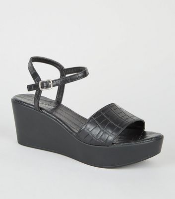 Black Faux Croc 2 Part Flatform Sandals 