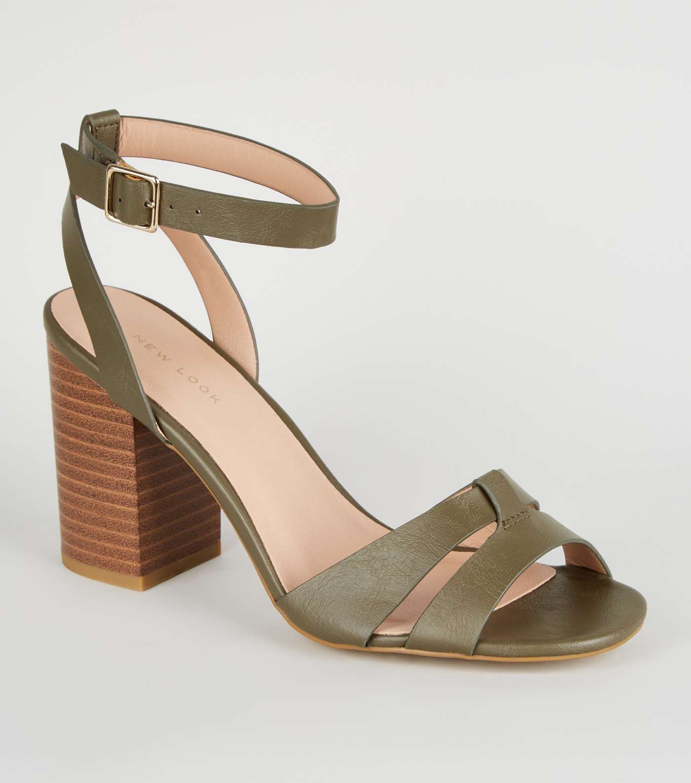 Khaki Leather-Look Block Heel Sandals