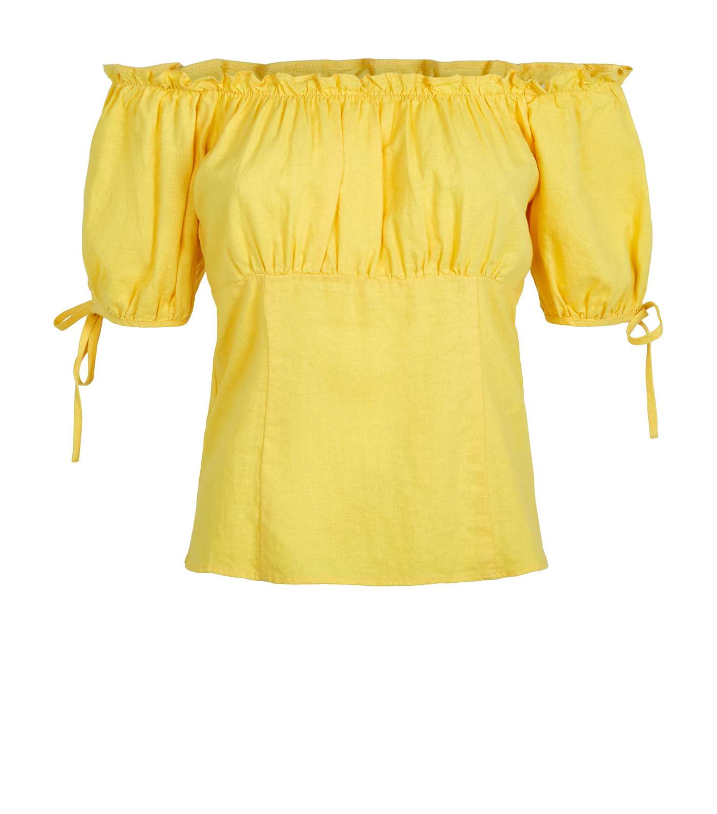 Yellow Linen Blend Tie Sleeve Bardot Top Image 4