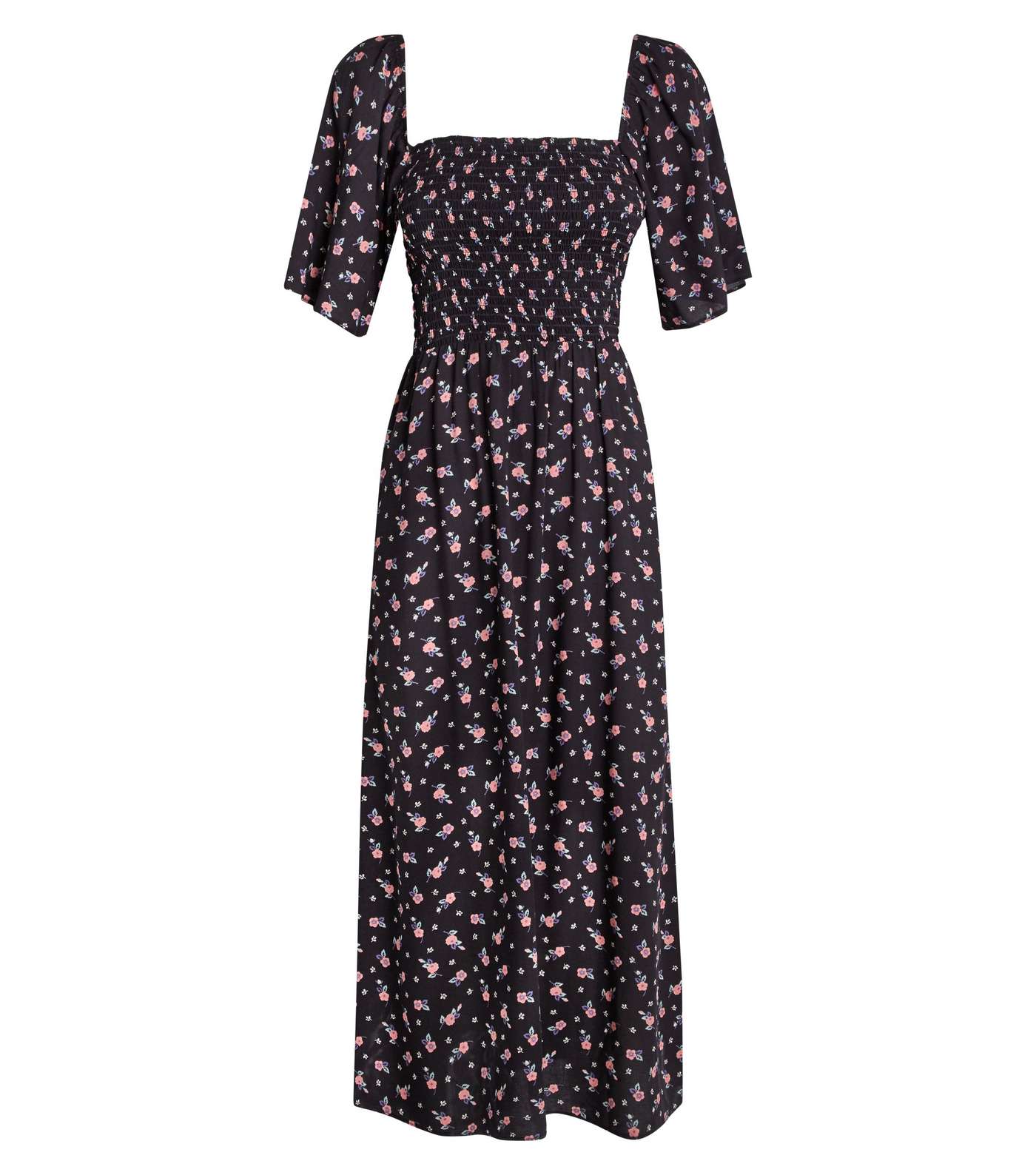 Black Floral Print Shirred Midi Dress Image 4