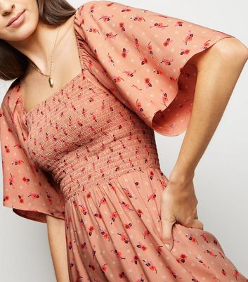 Pink Floral Print Shirred Midi Dress New Look shop for Pink Floral Print Shirred Midi Dress New Look at Shopo