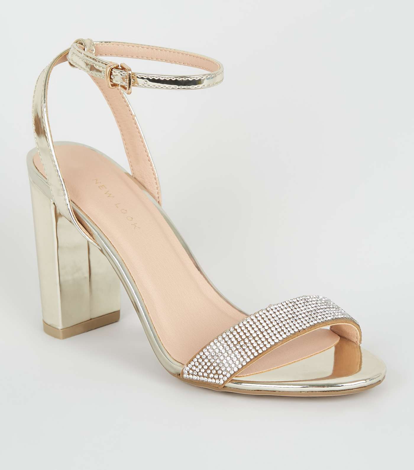 Gold Diamanté Strap Block Heel Sandals