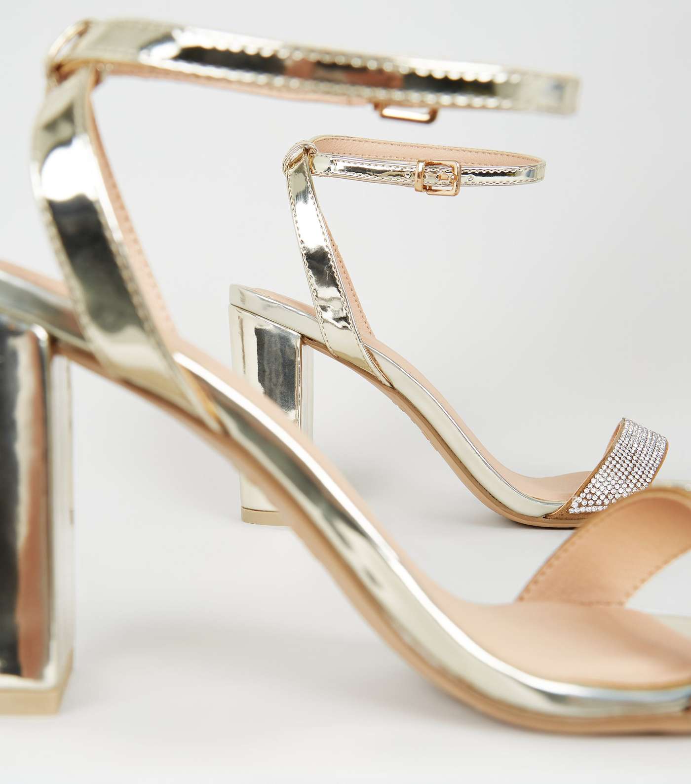 Gold Diamanté Strap Block Heel Sandals Image 3