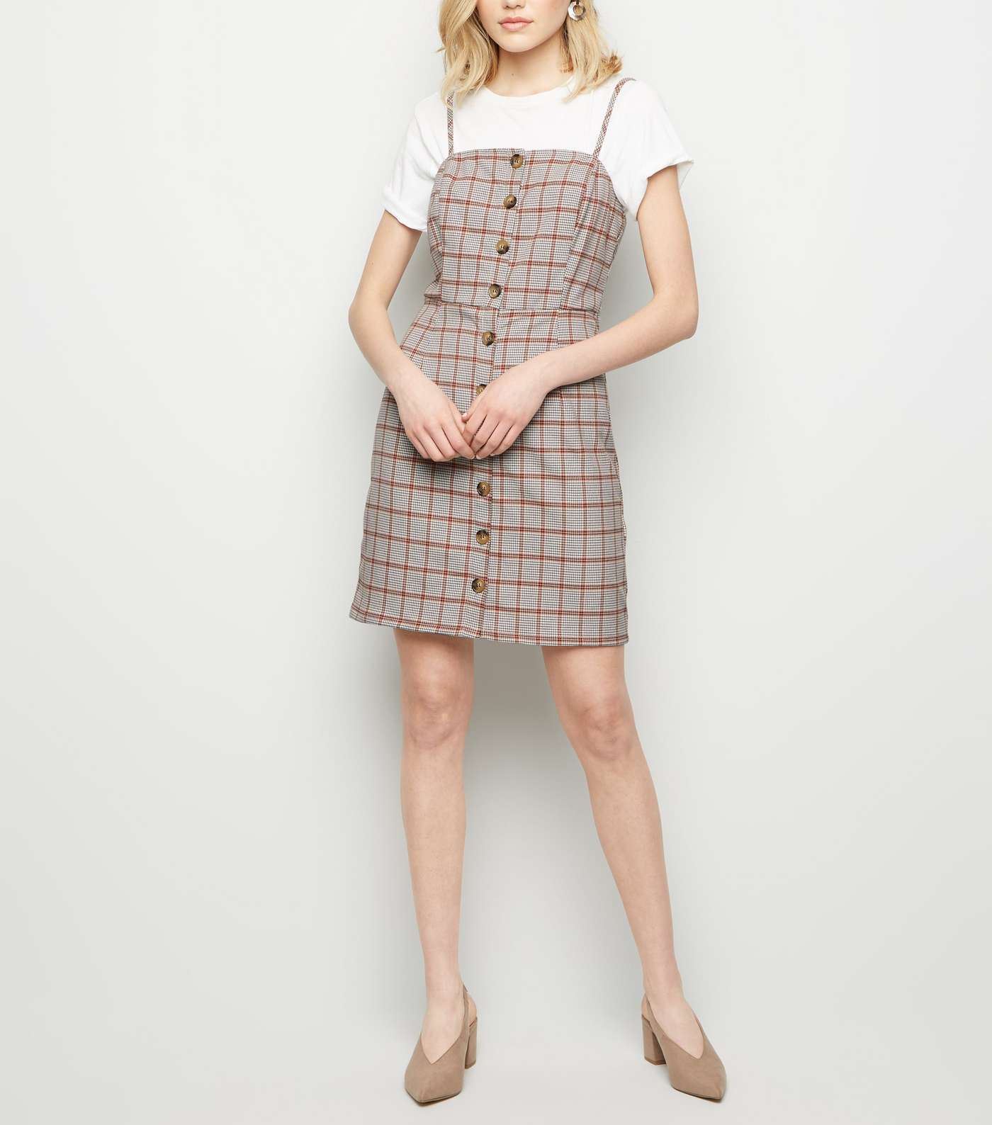 White Houndstooth Button Front Pinafore Dress Image 2