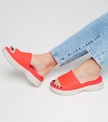 Image of Coral Neon Chunky Sole Sporty Footbed Sliders New Look