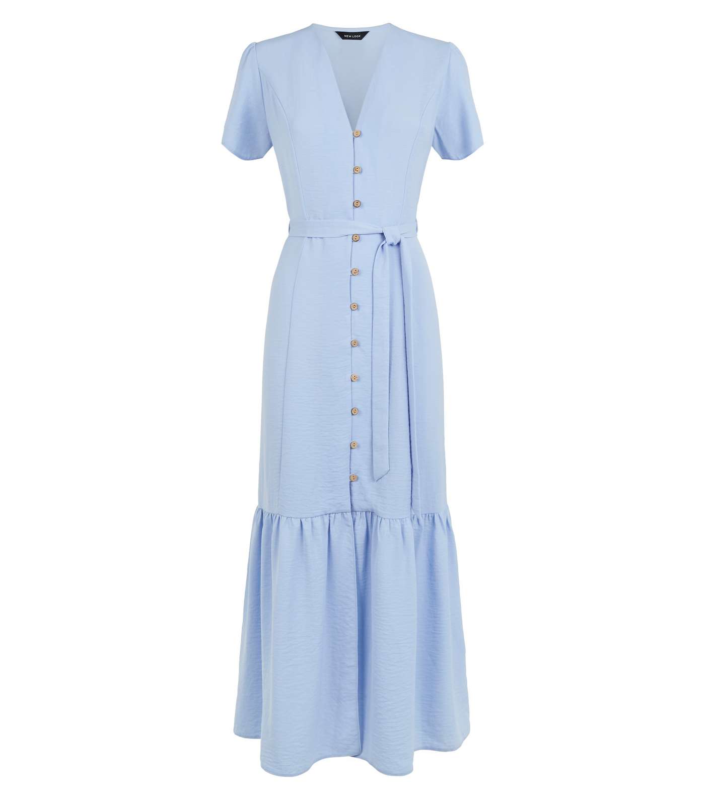 Pale Blue Herringbone Tiered Button Front Midi Dress  Image 4