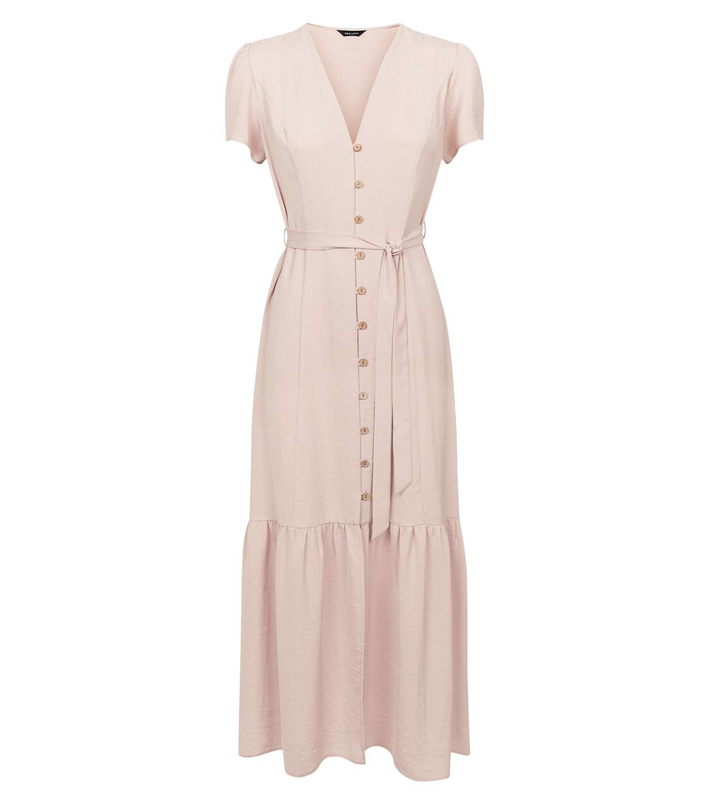 Pale Pink Herringbone Tiered Button Front Midi Dress  Image 4