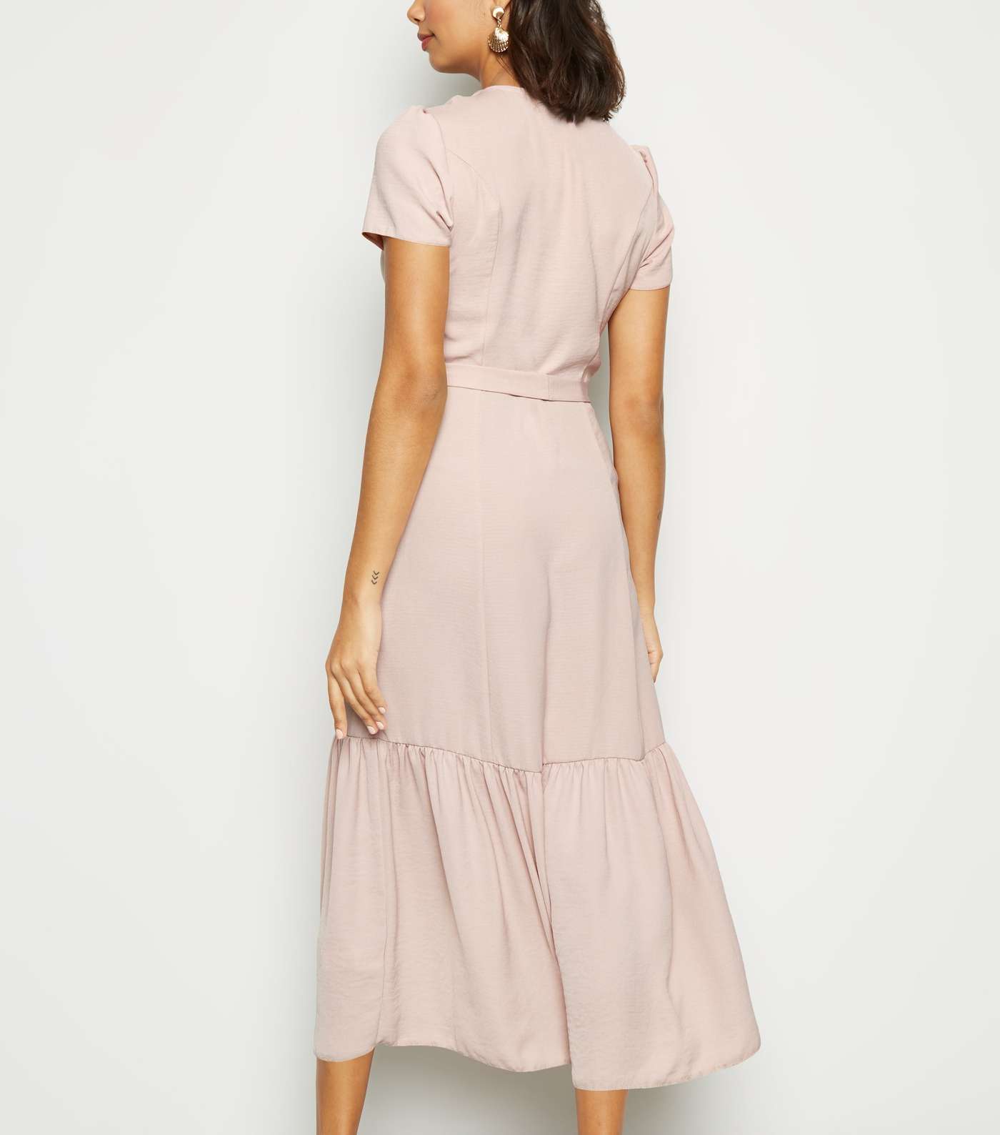 Pale Pink Herringbone Tiered Button Front Midi Dress  Image 2