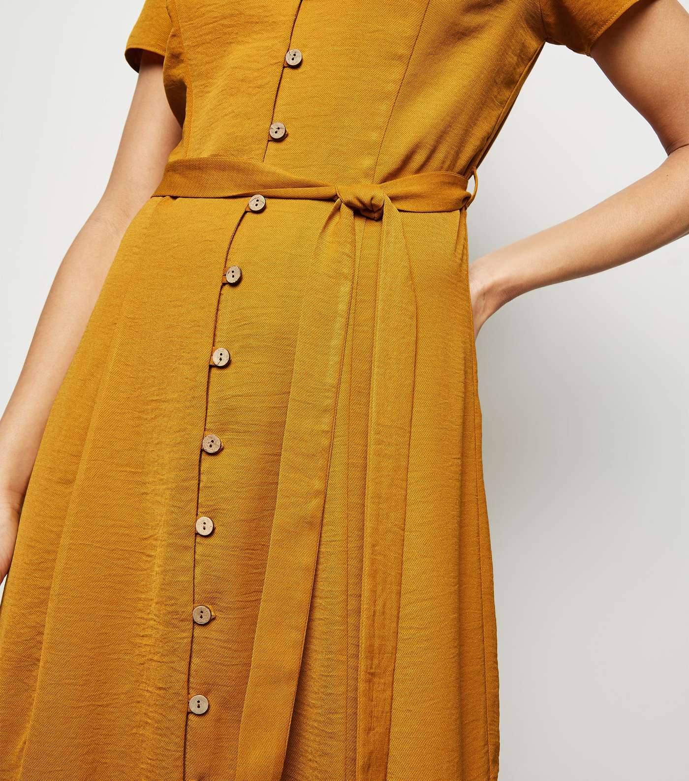 Mustard Herringbone Tiered Button Front Midi Dress  Image 3