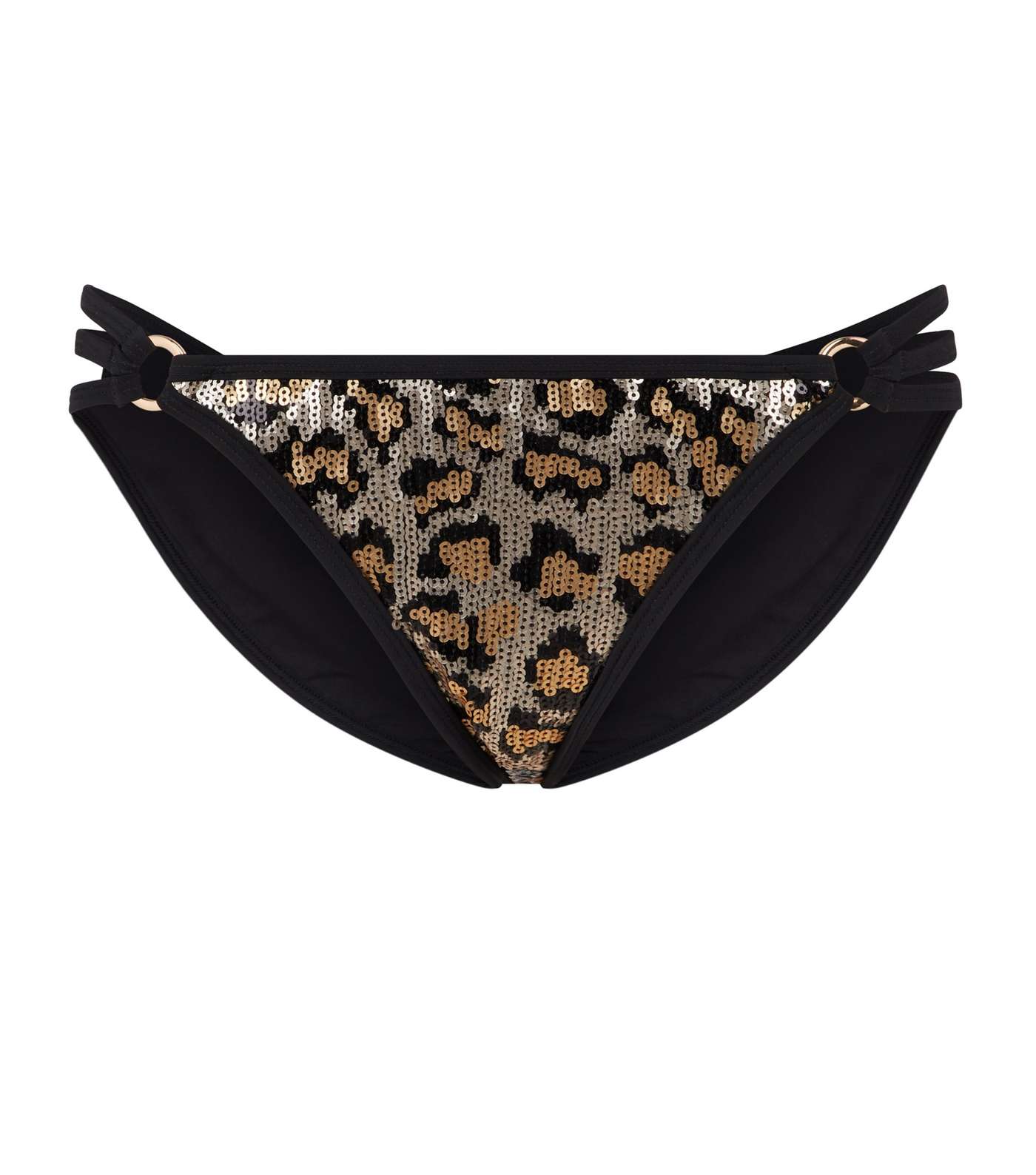 Black Leopard Print Sequin Strappy Bikini Bottoms  Image 4