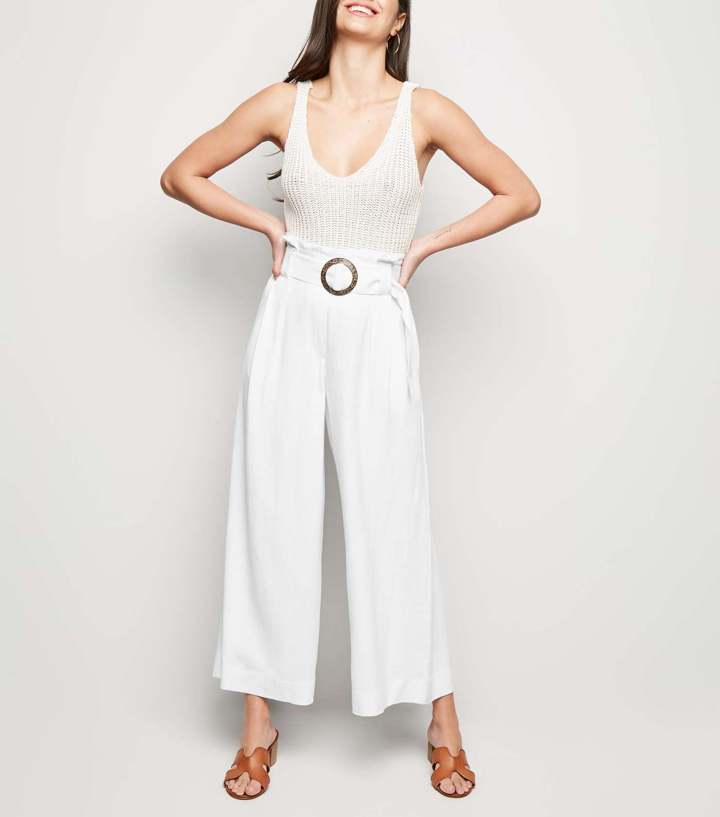 White Linen Look Crop Trousers