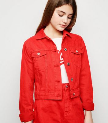 denim jacket with red sleeves