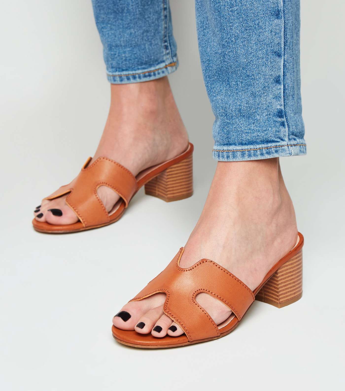 Wide Fit Tan Leather-Look Block Heel Mules Image 2