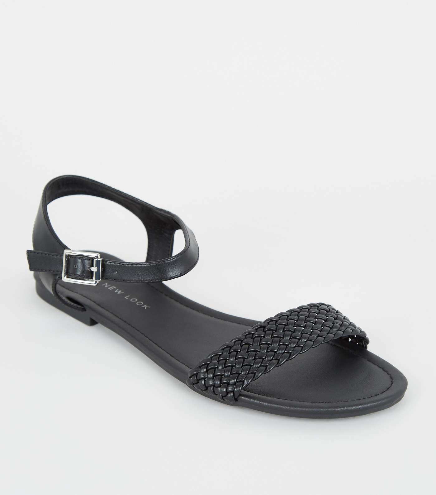 Wide Fit Black Woven Strap Flat Sandals