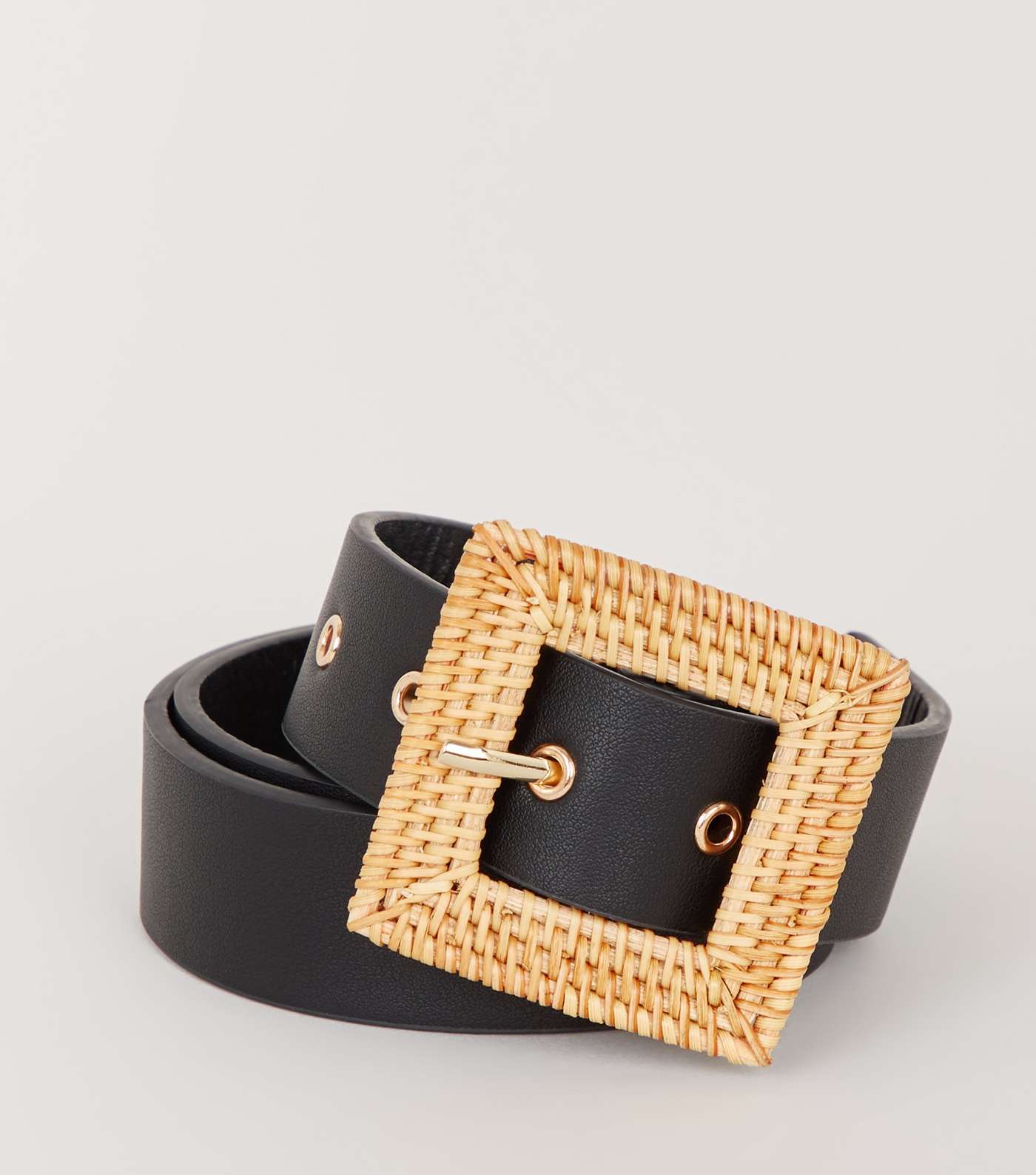 Black Woven Straw Effect Square Buckle Belt Image 2