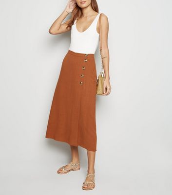 Rust Linen Look Button Up Midi Skirt New Look