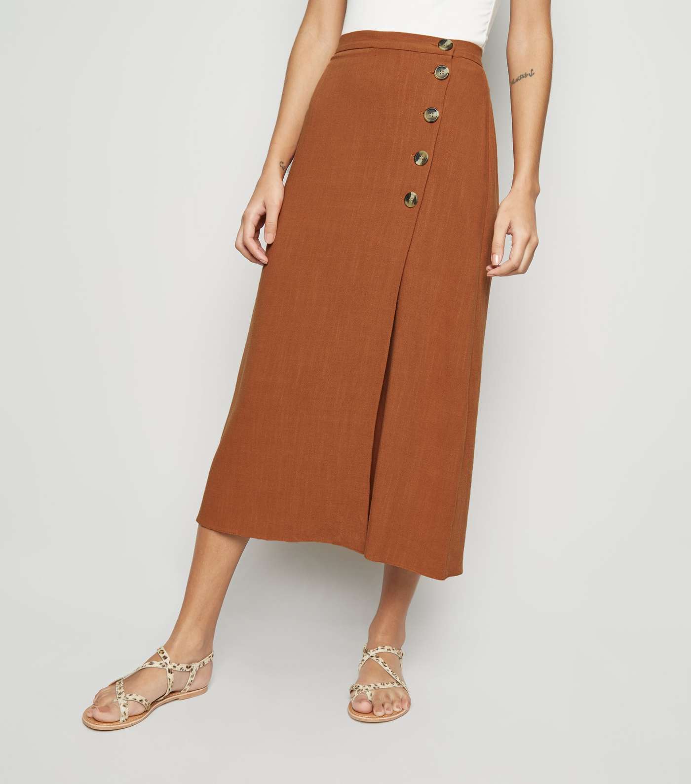 Rust Linen Look Button Up Midi Skirt Image 2