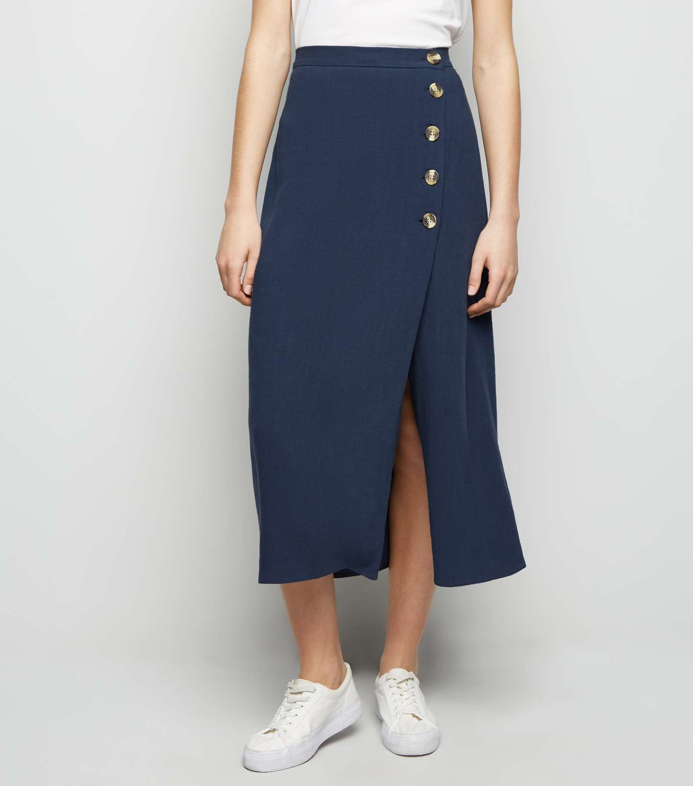 Navy Linen Look Button Up Midi Skirt Image 2