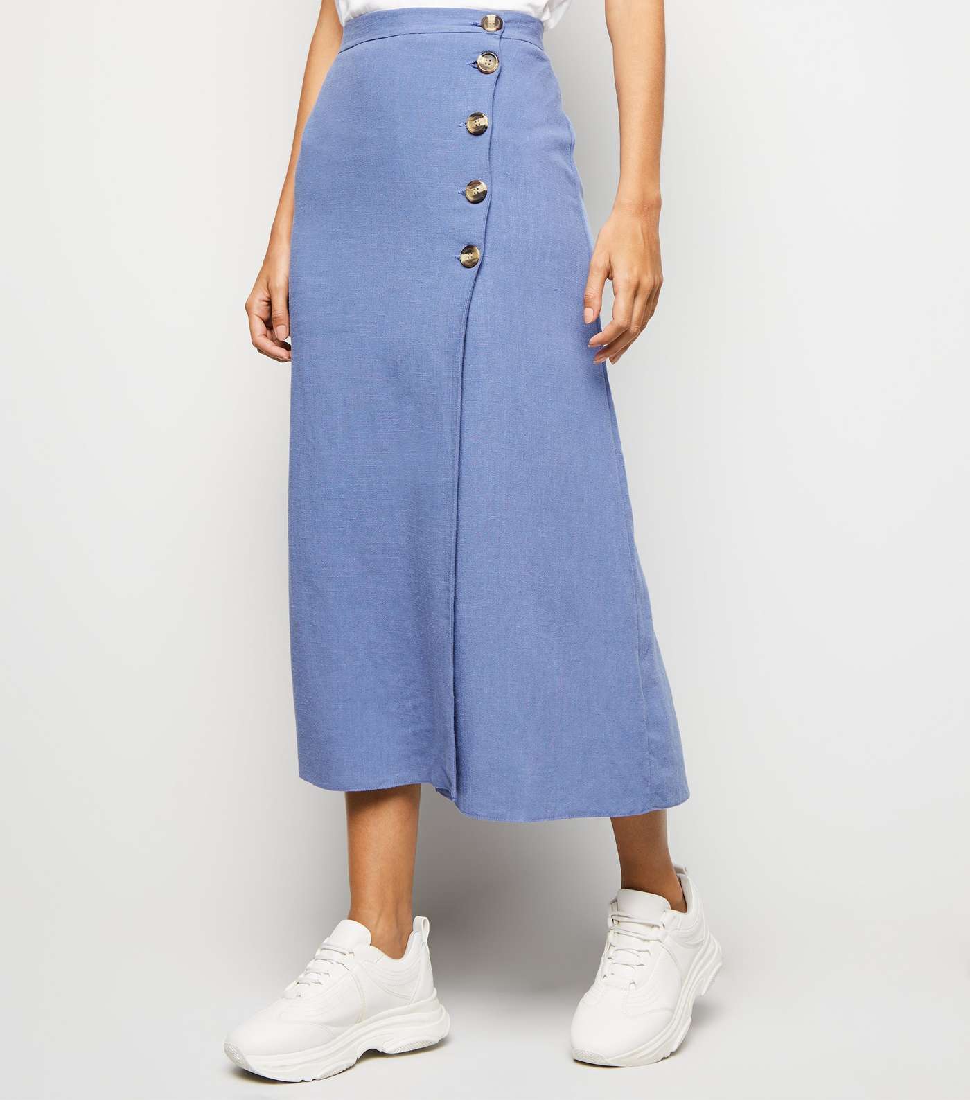 Pale Blue Linen Look Button Up Midi Skirt Image 2