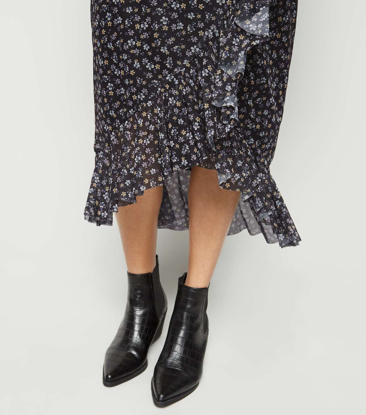 Black Ditsy Floral Mesh Midi Skirt Image 5