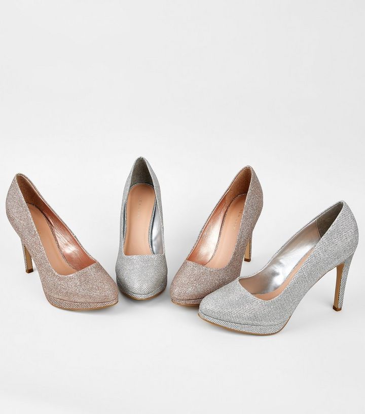 Silberfarbene Stiletto Pumps Mit Plateausohle Und Glitzer New Look