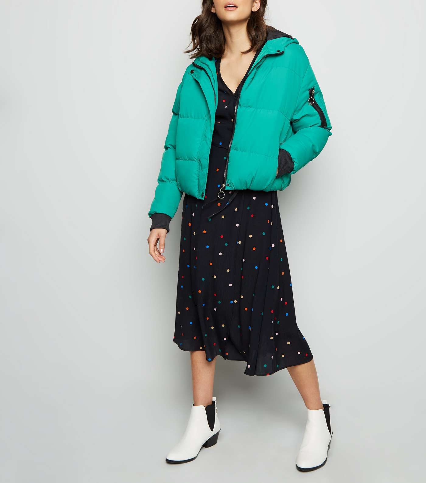Blue Vanilla Green Hooded Cropped Puffer Jacket Image 2