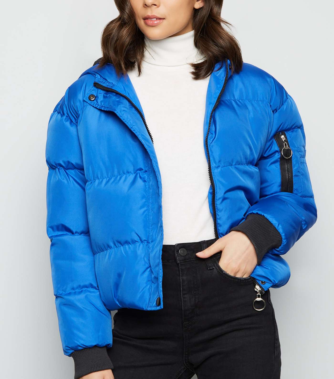 Blue Vanilla Blue Hooded Cropped Puffer Jacket