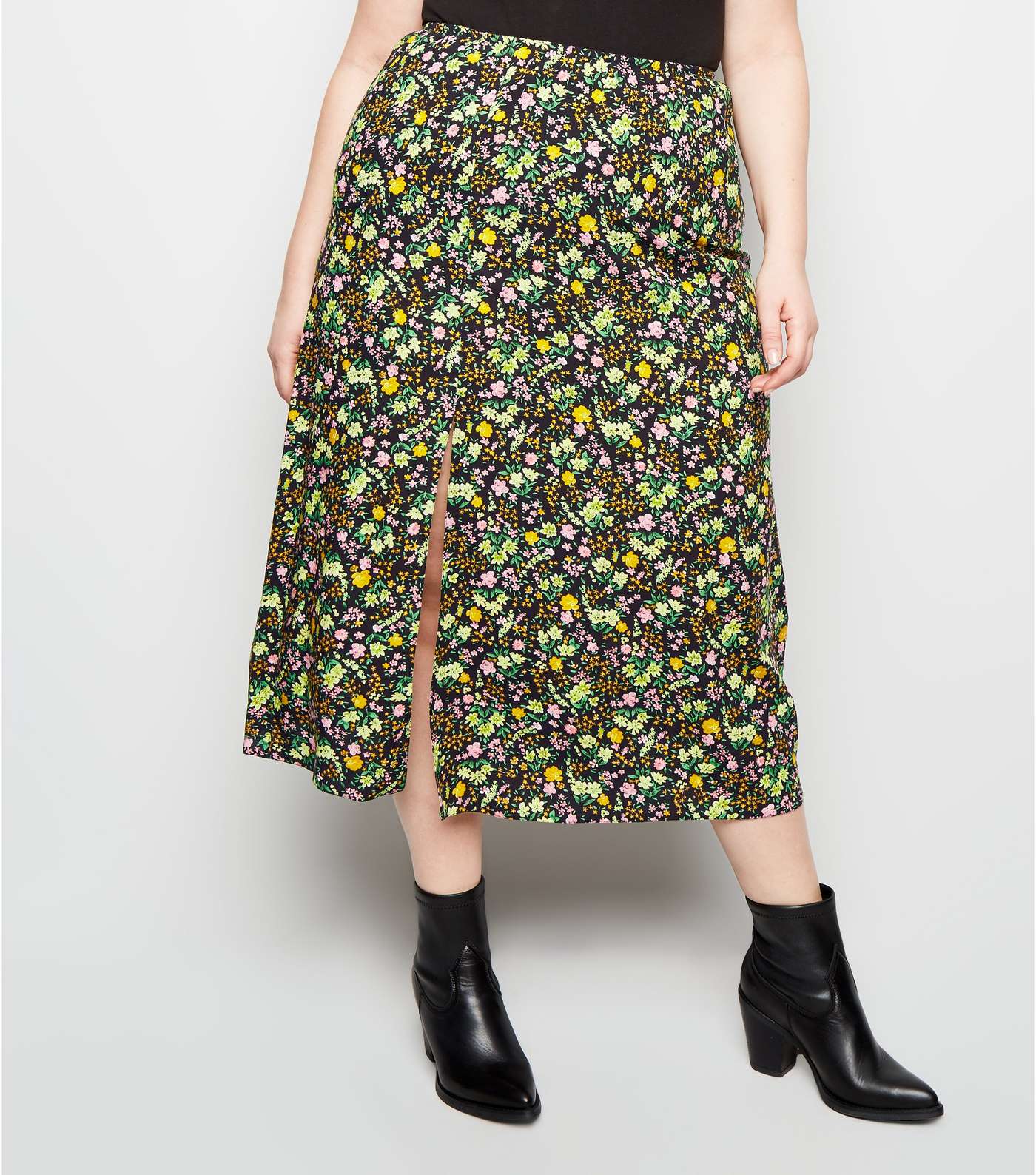Curves Black Floral Side Split Midi Skirt Image 2