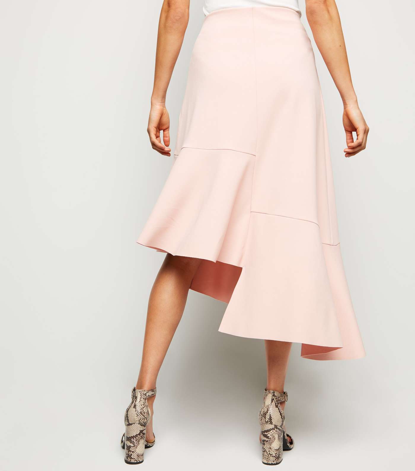 Pale Pink Frill Hem Asymmetric Midi Skirt Image 3