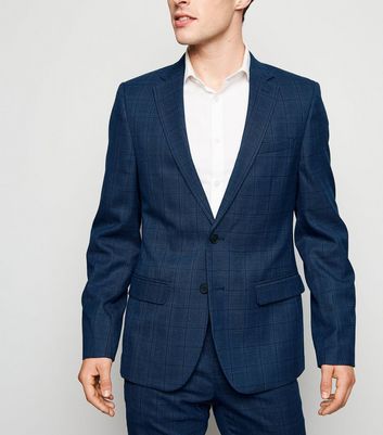 Navy Grid Check Skinny Suit Jacket New Look