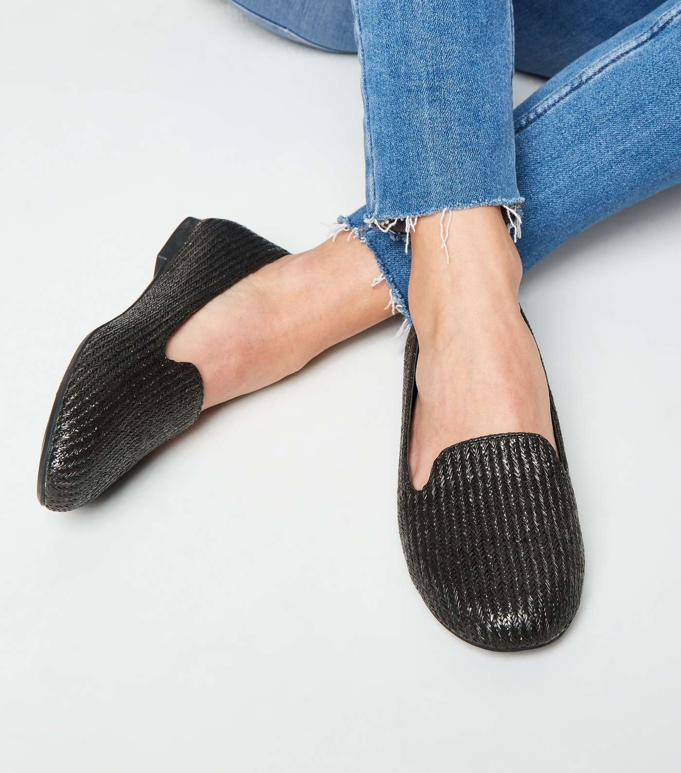 Black Woven Straw Effect Loafers Image 2