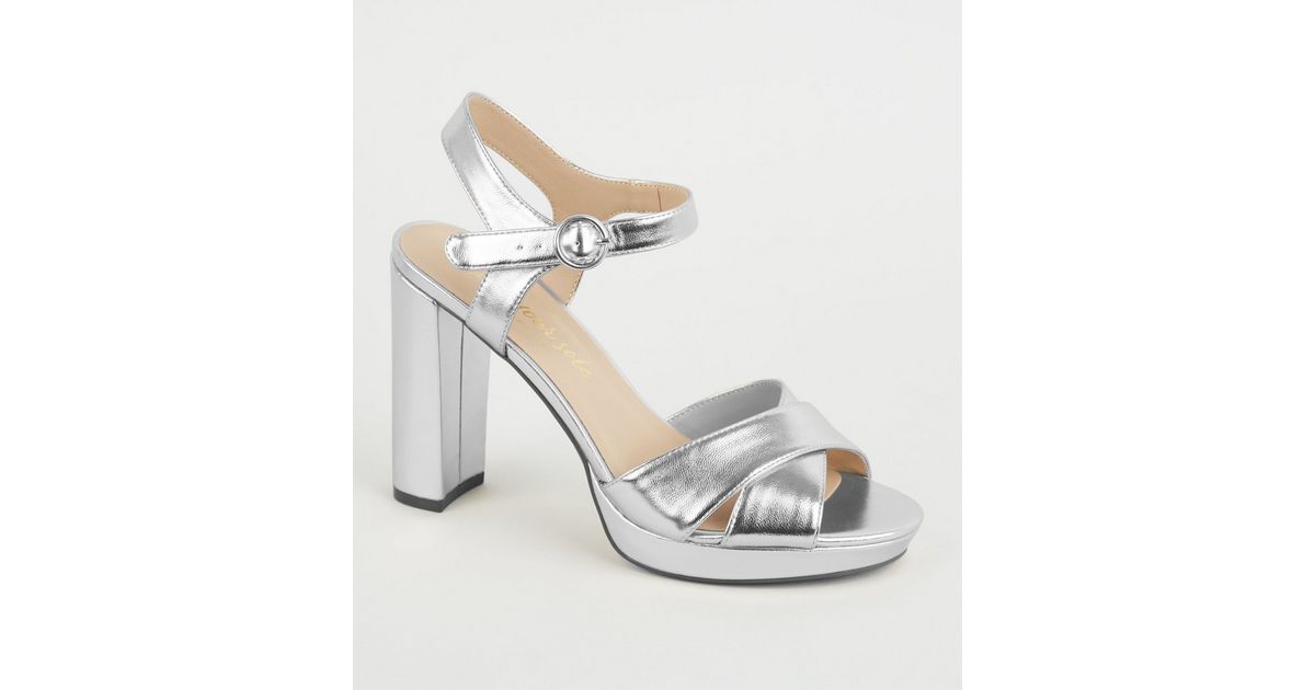 Silver Metallic Cross Strap Block Heels | New Look