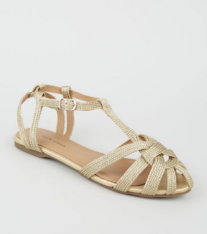 Goldfarbene Flache Sandalen Mit Geflochtenen Riemchen New Look