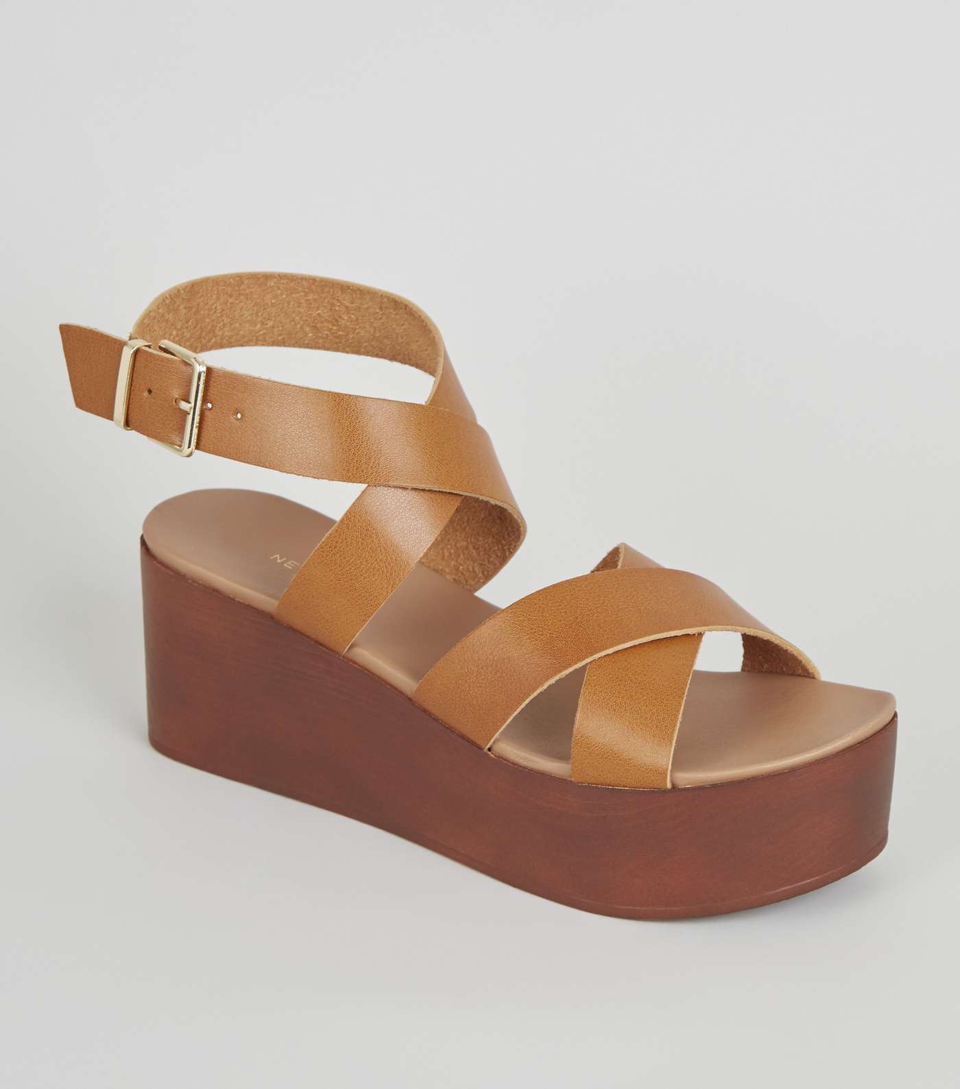 Tan Leather-Look Strappy Flatform Sandals