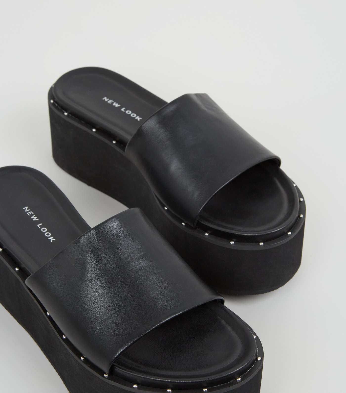 Black Leather-Look Studded Flatform Sliders Image 4