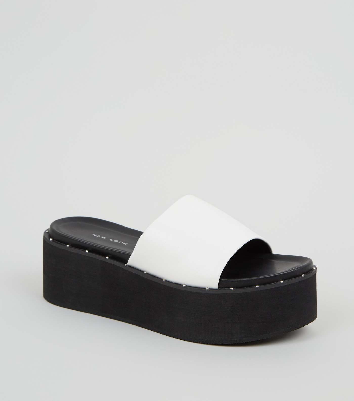 White Leather-Look Studded Flatform Sliders