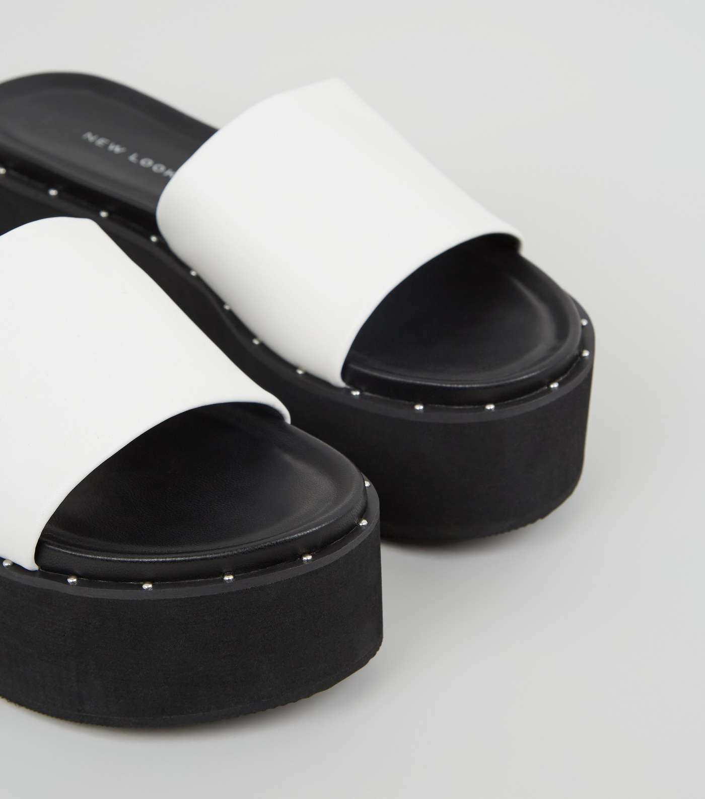 White Leather-Look Studded Flatform Sliders Image 3