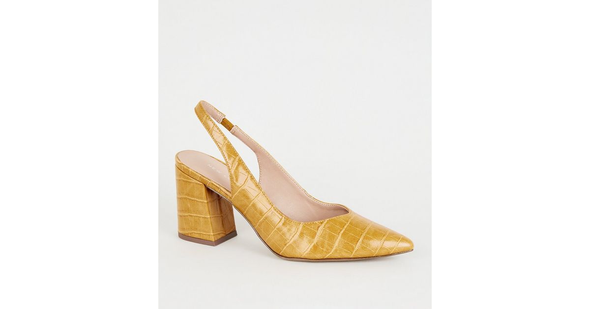 Mustard Faux Croc Flared Heel Slingbacks New Look