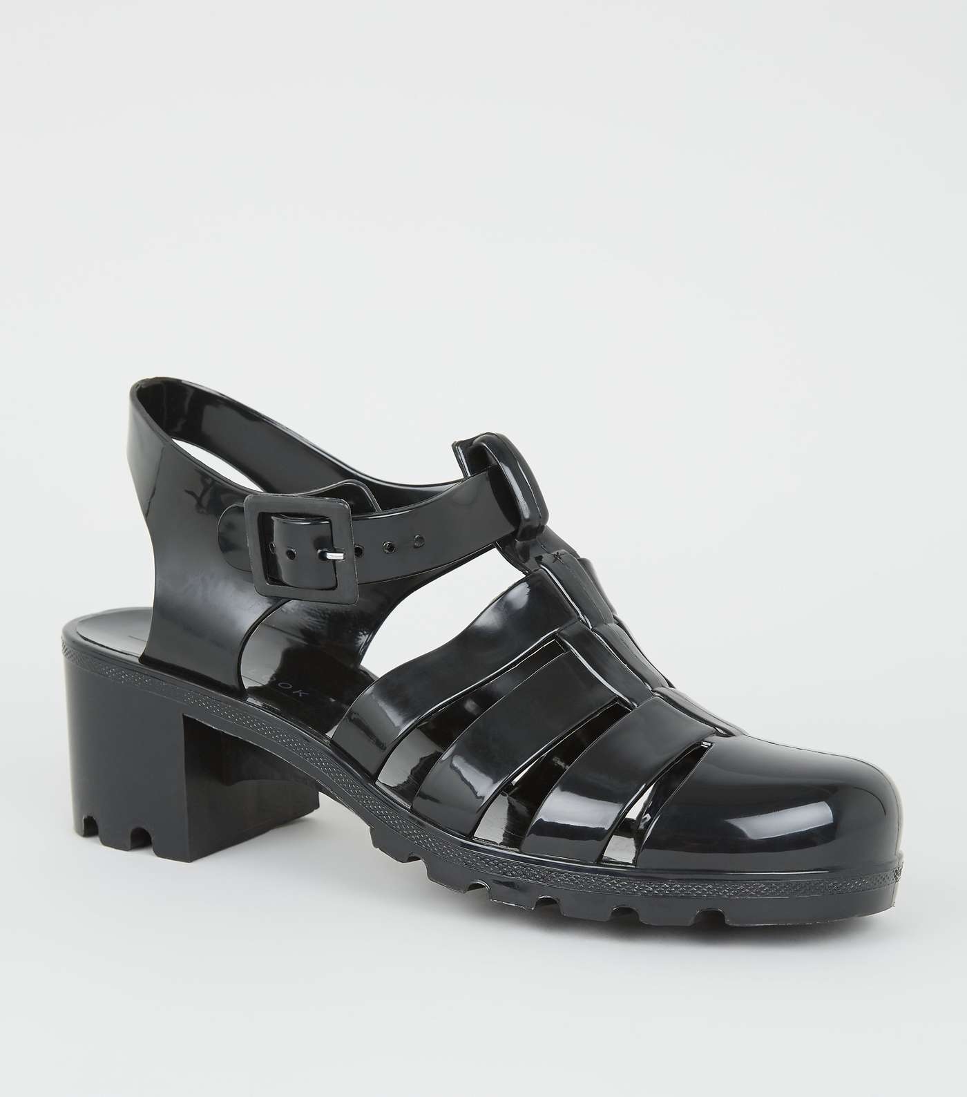 Black Jelly Caged Block Heel Sandals