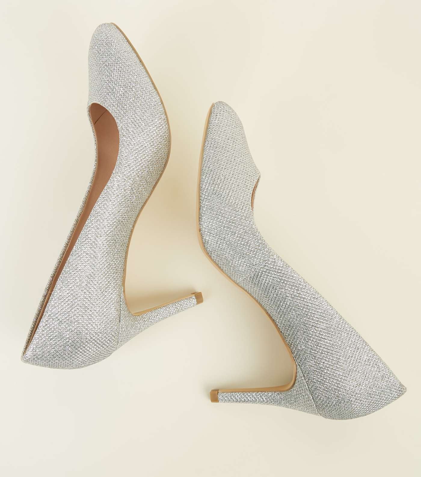 Silver Glitter Stiletto Heel Court Shoes Image 3