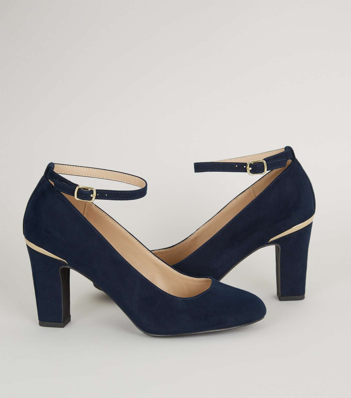 Navy Suedette Ankle Strap Block Heel Courts  Image 3
