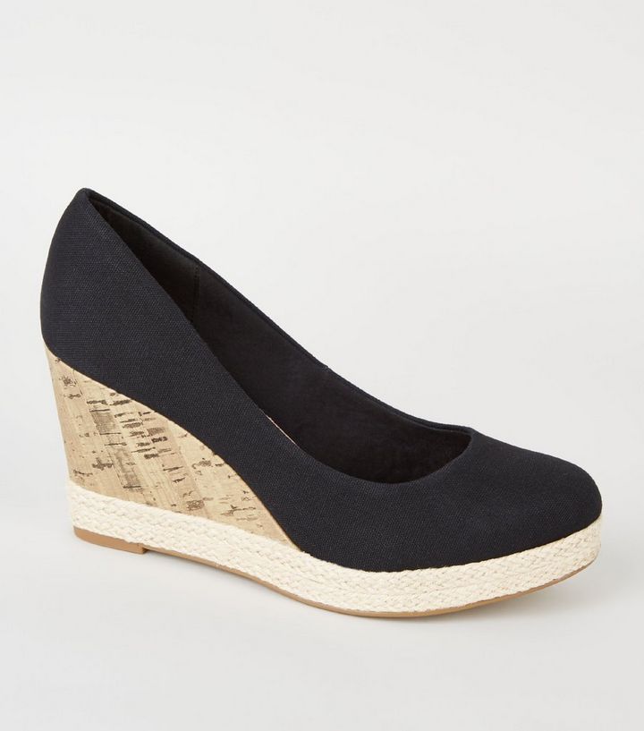 Black Comfort Cork Espadrille Trim Wedge Heels New Look